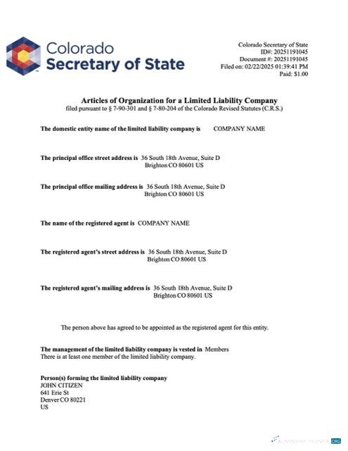 USA Colorado articles of organization Word and PDF template, version 2